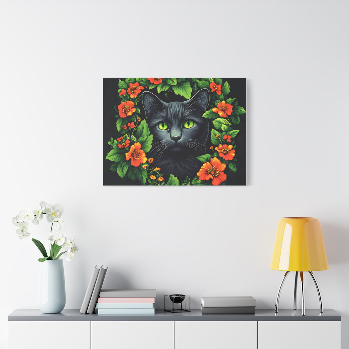 Tableau Portrait de Chat Noir Fleuri