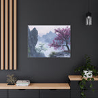 Tableau Montagnes Brumeuses et Fleurs Violettes
