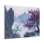 Tableau Montagnes Brumeuses et Fleurs Violettes