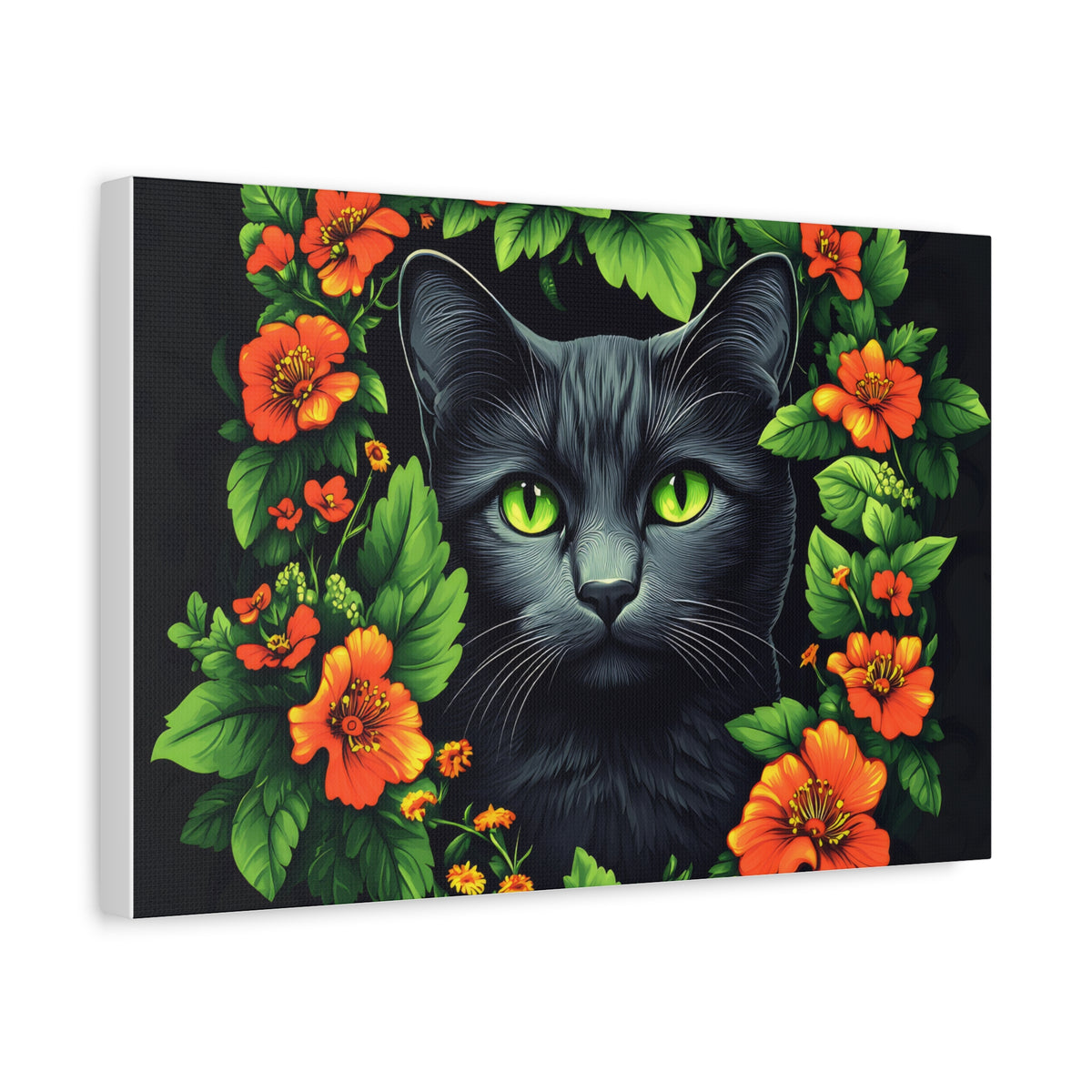 Tableau Portrait de Chat Noir Fleuri