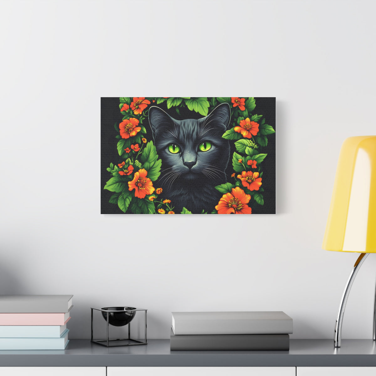 Tableau Portrait de Chat Noir Fleuri
