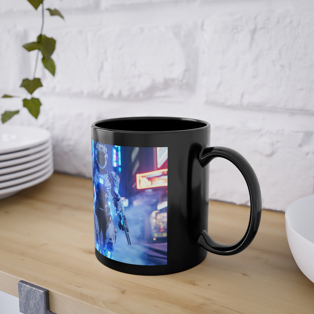 Mug Noir Cyberpunk Robot Armure Blanche Futuriste