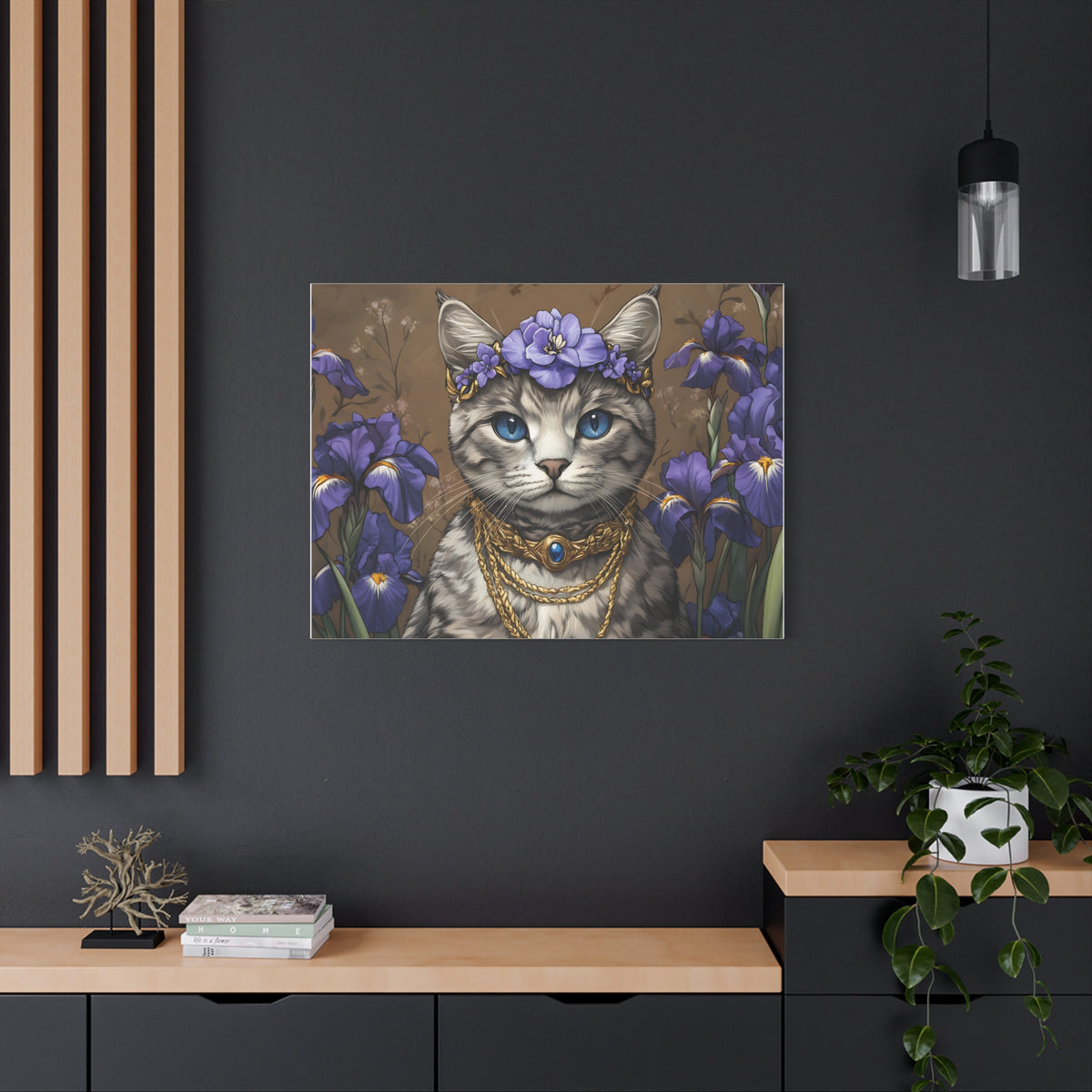Tableau Chat Couronne de Fleurs Violettes