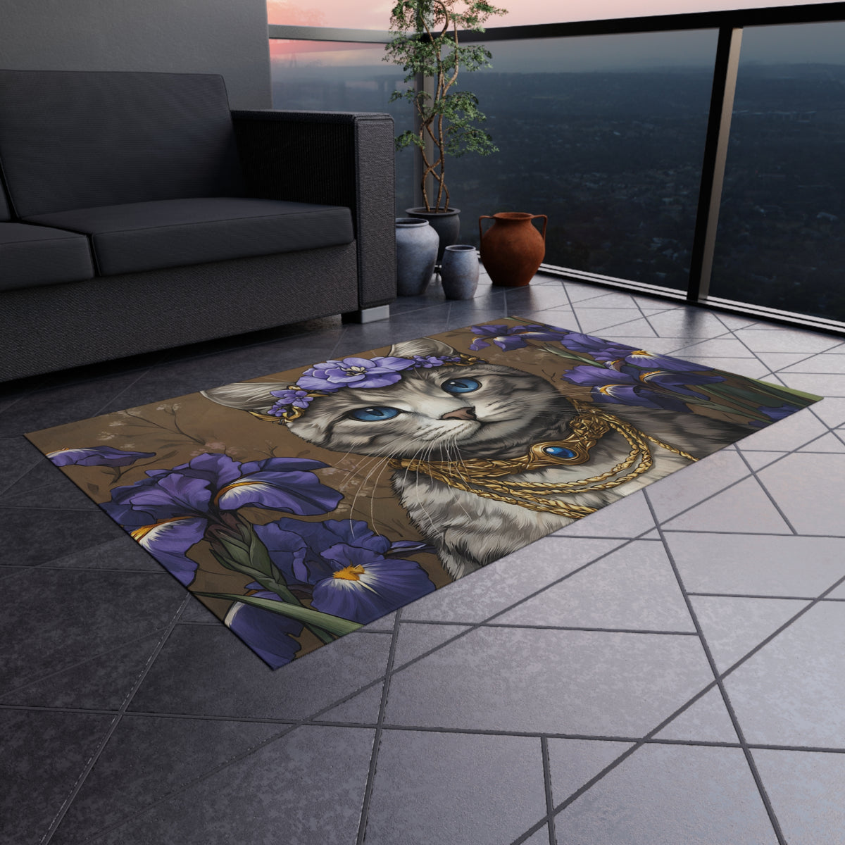 Tapis de salon Chat Couronne de Fleurs Violettes