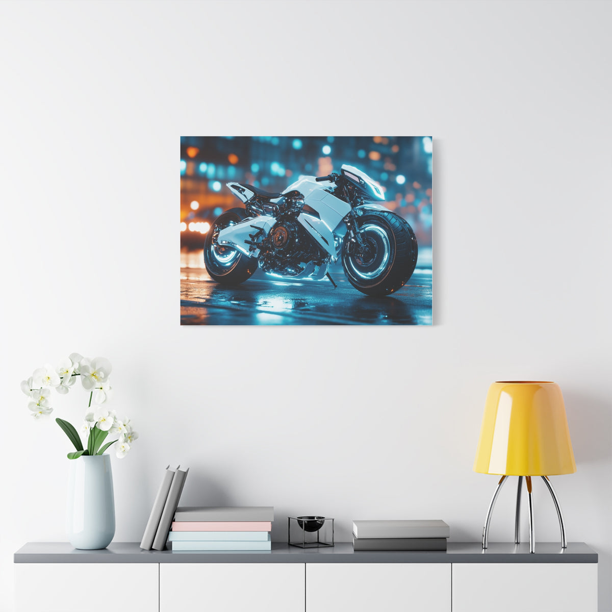 Tableau Cyberpunk Moto Blanche Futuriste