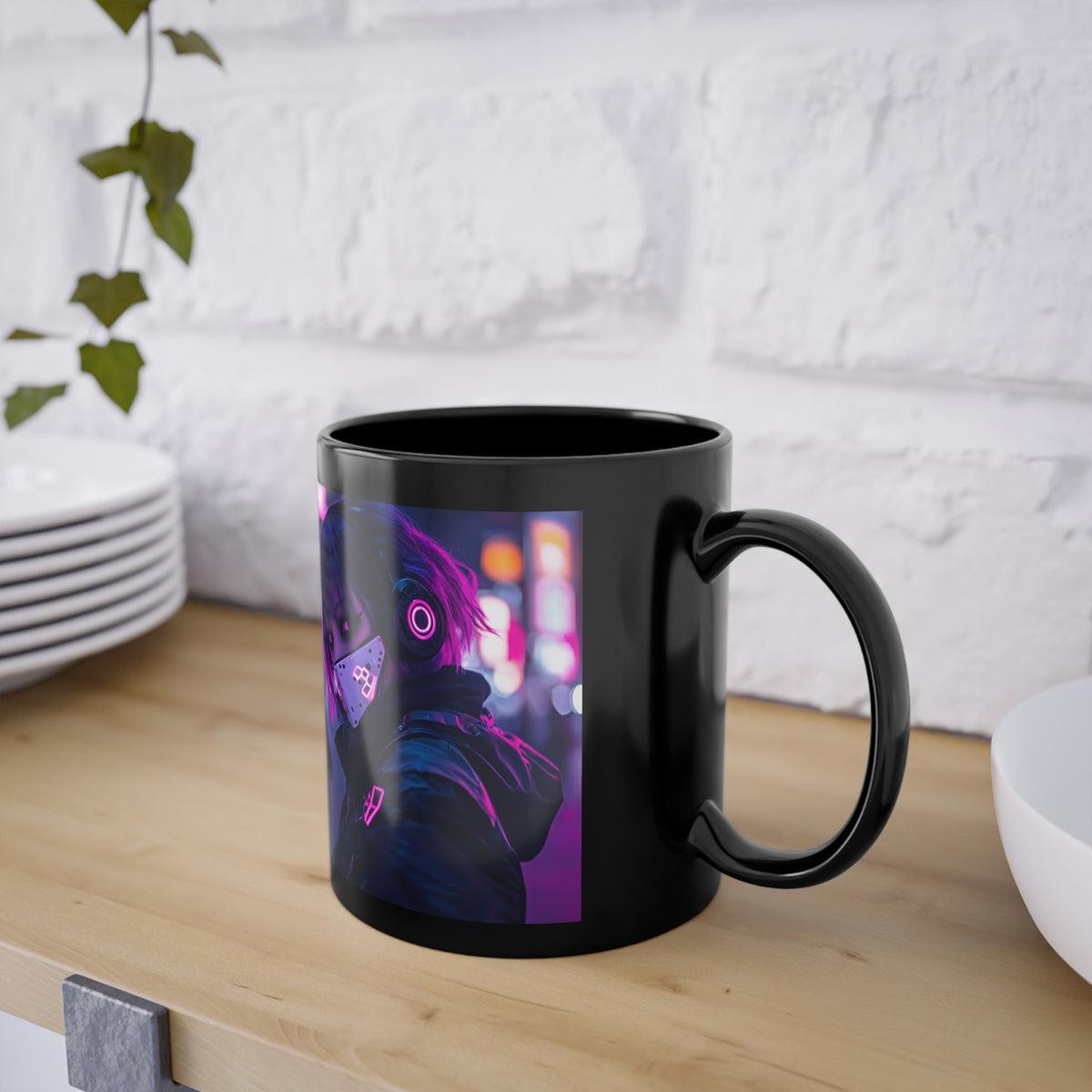 Mug Noir Cyberpunk Fille Masquée Ambiance Néon
