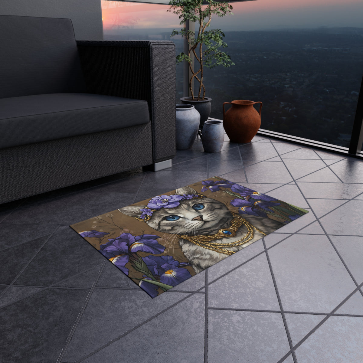 Tapis de salon Chat Couronne de Fleurs Violettes