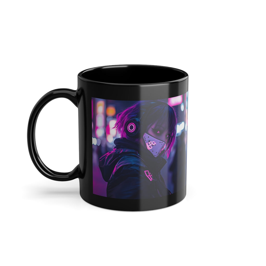 Mug Noir Cyberpunk Fille Masquée Ambiance Néon