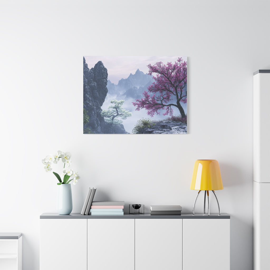 Tableau Montagnes Brumeuses et Fleurs Violettes