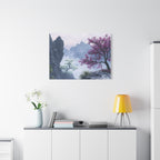 Tableau Montagnes Brumeuses et Fleurs Violettes