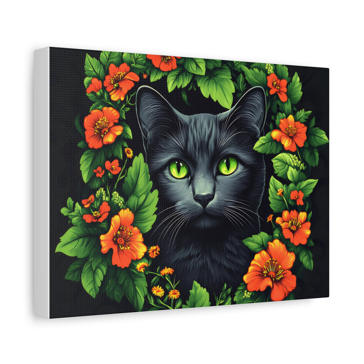 Tableau Portrait de Chat Noir Fleuri