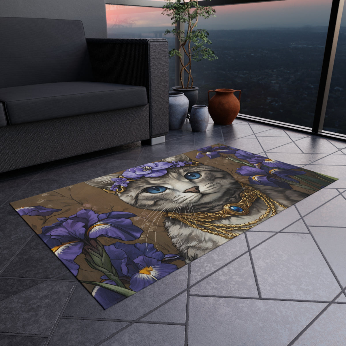 Tapis de salon Chat Couronne de Fleurs Violettes