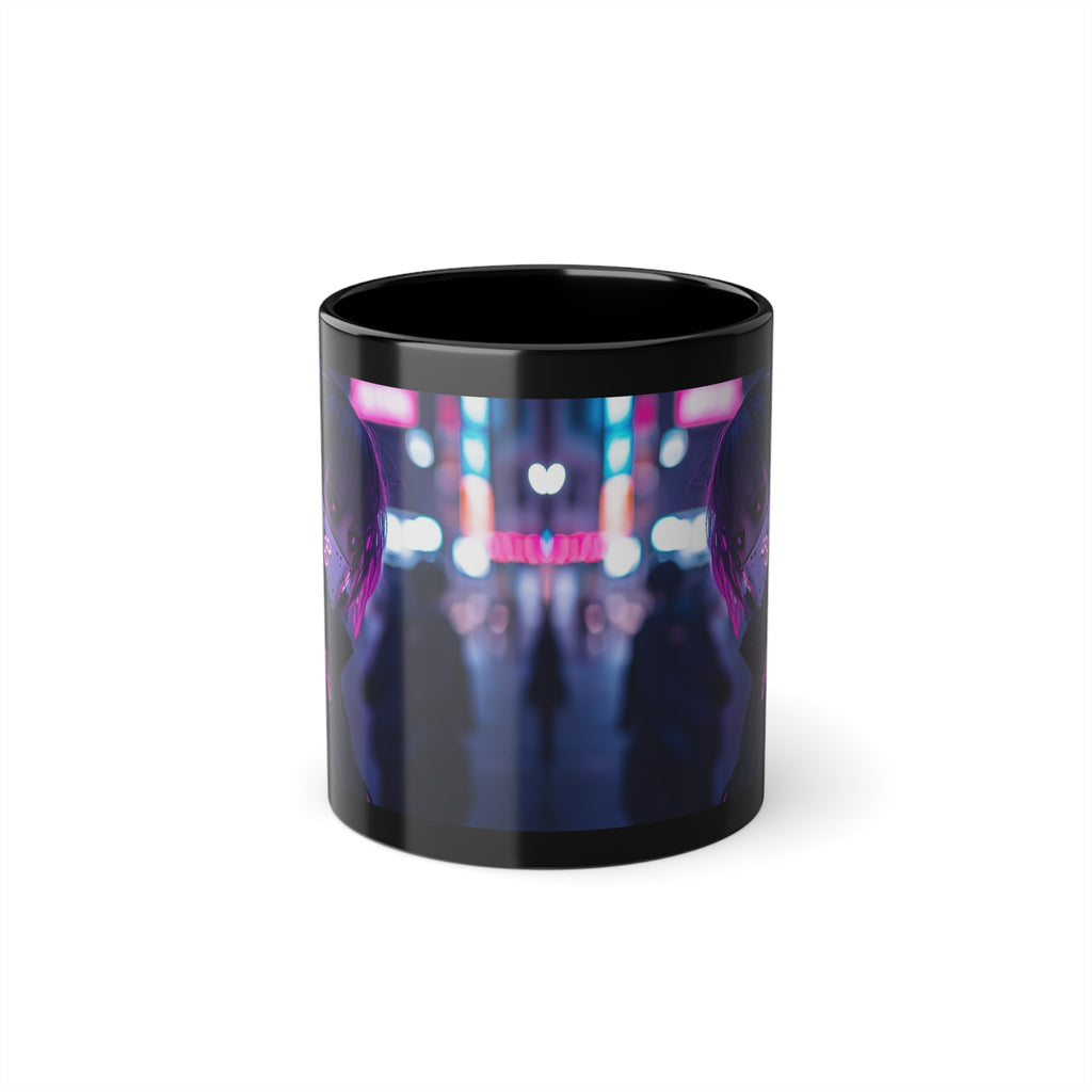 Mug Noir Cyberpunk Fille Masquée Ambiance Néon