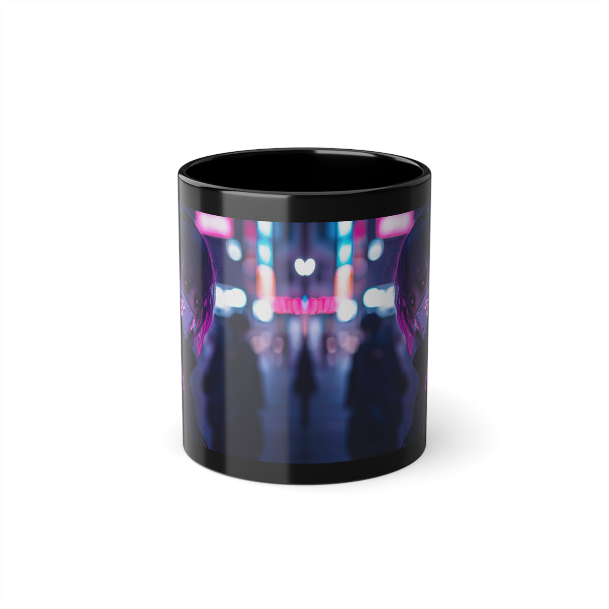 Mug Noir Cyberpunk Fille Masquée Ambiance Néon