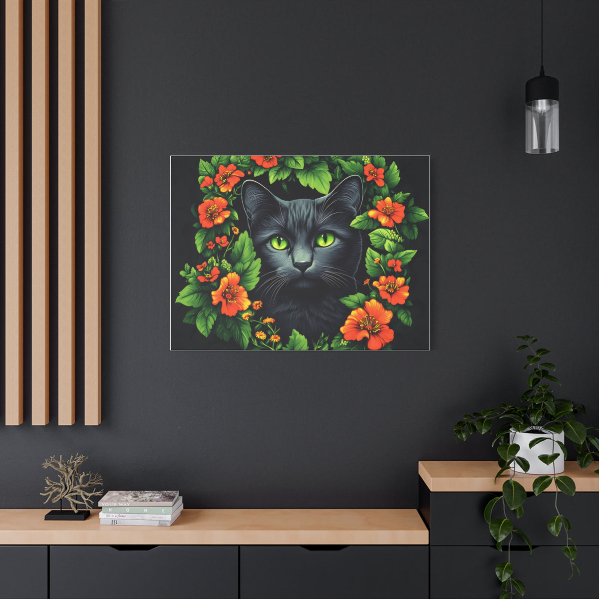 Tableau Portrait de Chat Noir Fleuri