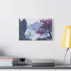 Tableau Montagnes Brumeuses et Fleurs Violettes
