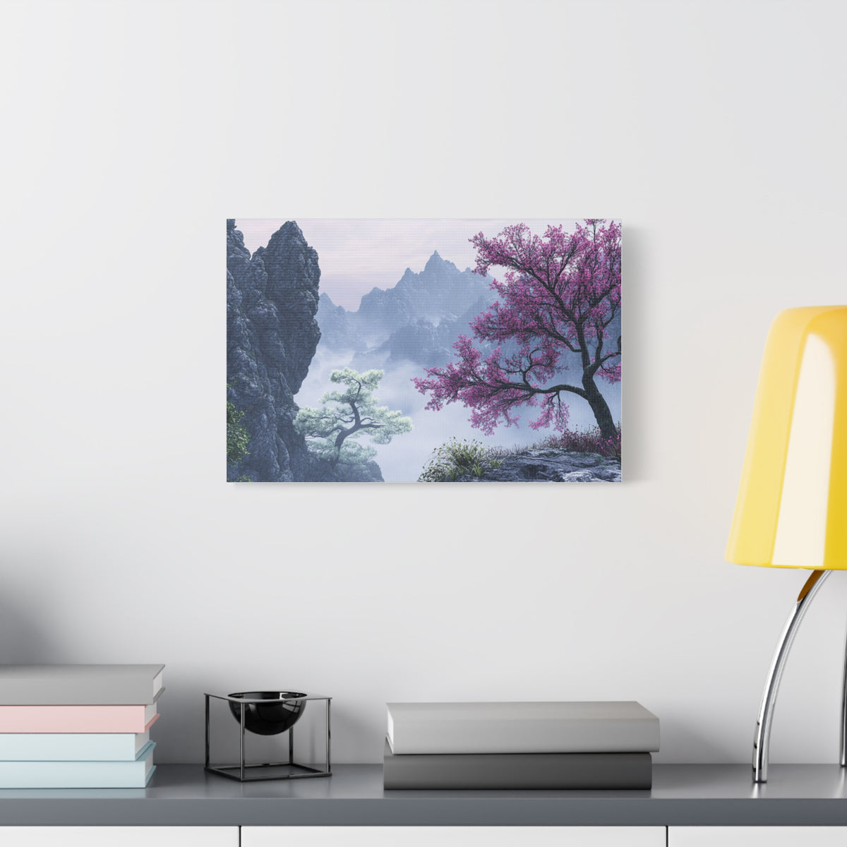 Tableau Montagnes Brumeuses et Fleurs Violettes